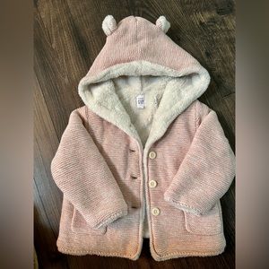 Baby Gap. Size 18-24 months. Worn twice. Warm cozy pink sweater jacket with hood